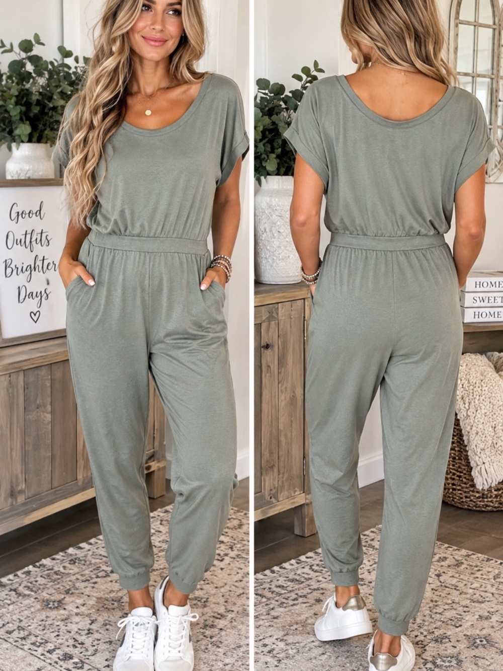 AnyBody Sage Green Jogger Jumpsuit Scoop Neck Short Sleeve